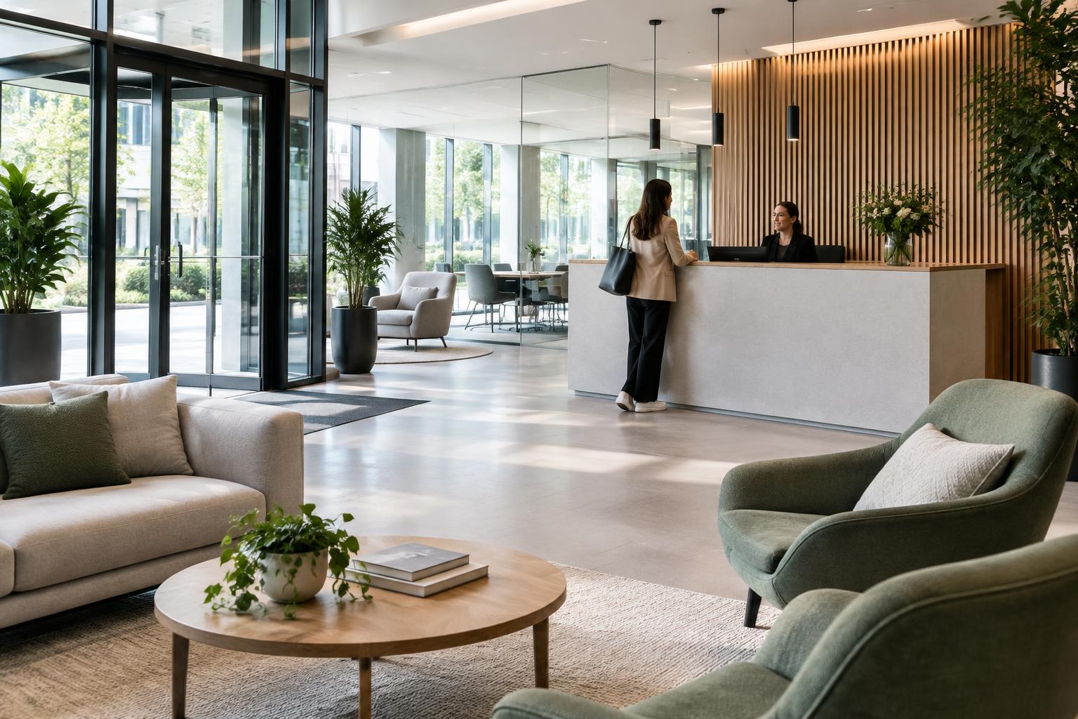 Illustrative modern reception with a visitor speaking to a receptionist