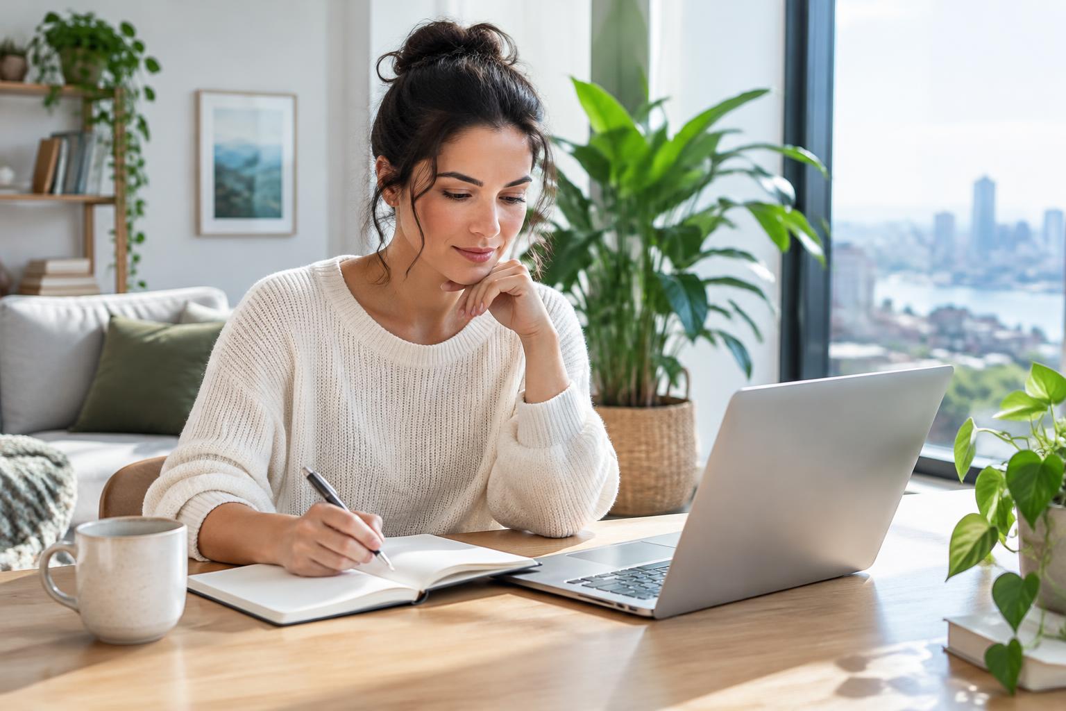 A quiet moment planning at home with a notebook and laptop
